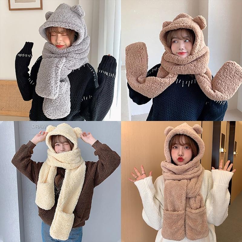 Trendy Women Plush Hats Gloves Scarf 3in1 Suit Cartoon Bear Ear Shape Warmth Hats Hat Adults Winter Hat for Teenagers