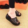 35-43 Large Size Slope Heel Rhinestone Cool Slippers Women's 2025 New Thick-soled One-word Drag Summer Wear Mother Sandals