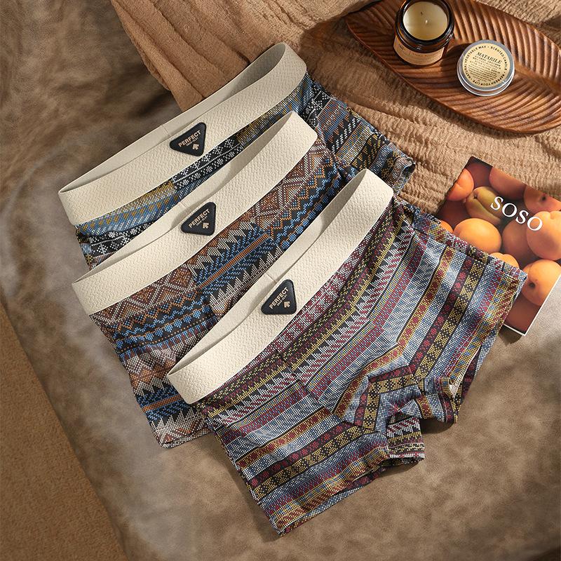 American Retro Ethnic Style Men's Cotton Boxer Briefs – Mid-Waist Square Pants, TikTok Trending Item