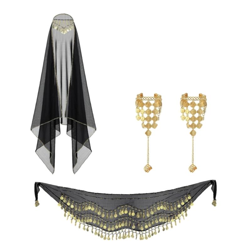 Gypsys Costume Accessories for Women Belly Dance Outfits Head Scarf with Belly Dance Coins Hip Scarf Chain Bracelets