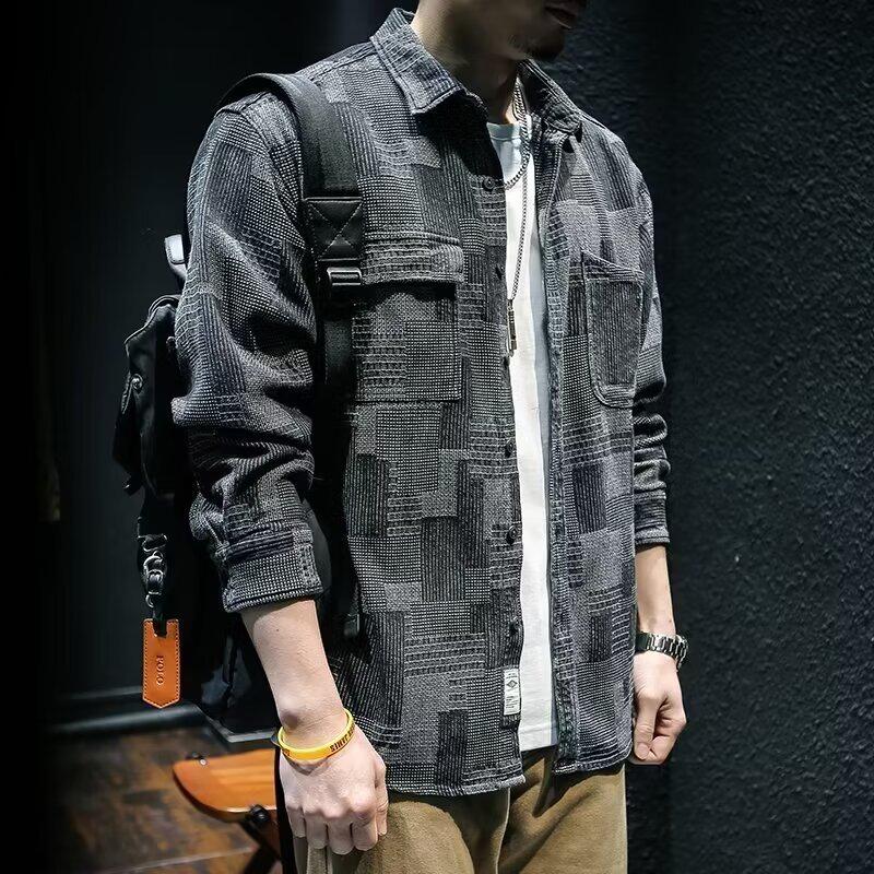 Men's Trendy Retro Plaid Jacquard Black Denim Shirt-Jacket, Autumn Loose Fit, Long-Sleeved, Casual Style.