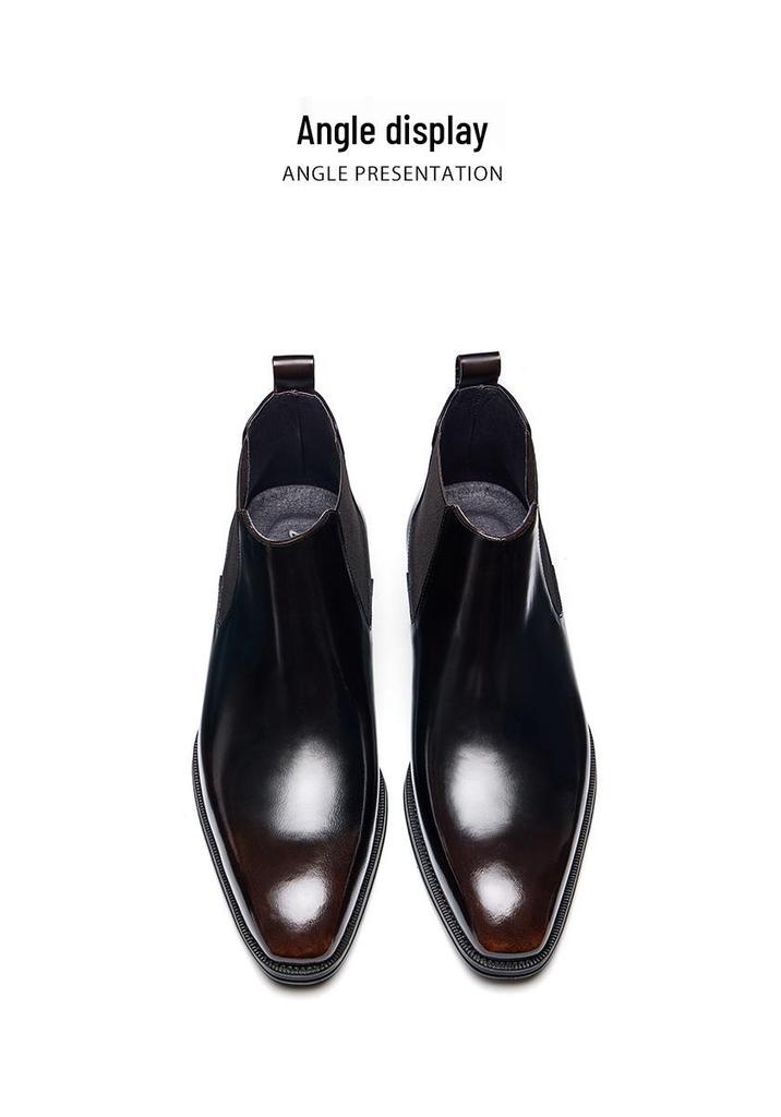Men's British Style Genuine Cowhide Chelsea Boots - Shiny, Slip-On, Versatile High-Top Leather Footwear for Autumn/Winter