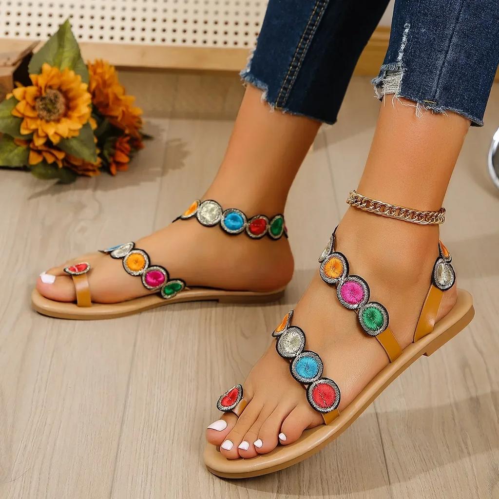 2026 New Yellow Embroidered Faux Flower Fashion Sandals Flat Plus Size 43 Summer Outdoor Beach Shoes Travel Mom Shoes