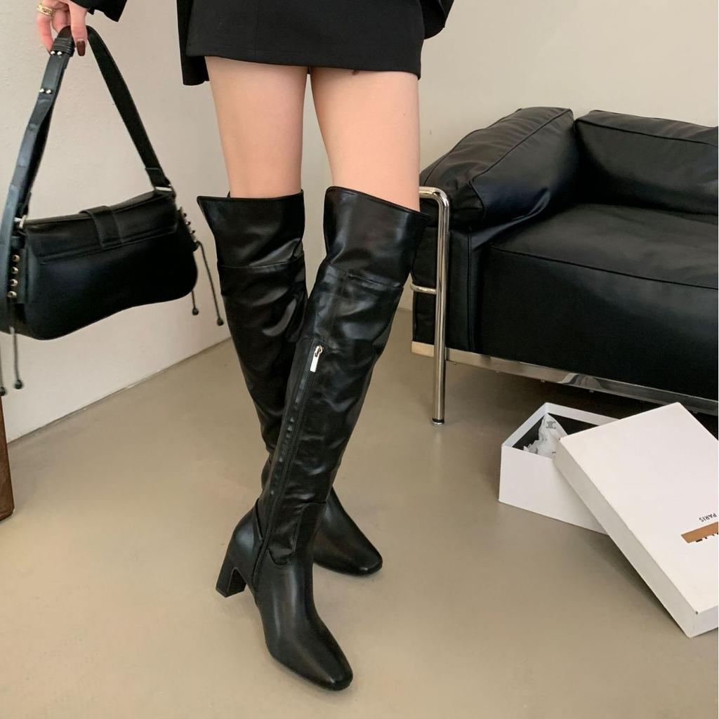 2025 new summer round head tall tube thin thick heel versatile fashion knee knight women's boots