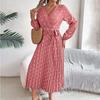 Spring Summer Women Long Sleeve Dot Pleated High Waist A Line Long Dress