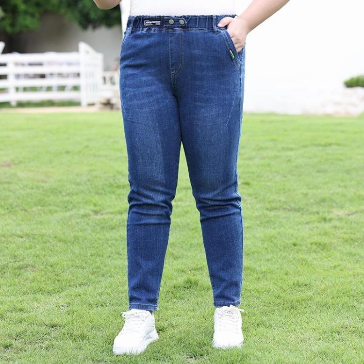 

Spring Women Big Size Jeans High Quality Stretch Fabric Slim Cotton Denim Elastic Waist Trousers Blue Black 6XL синій