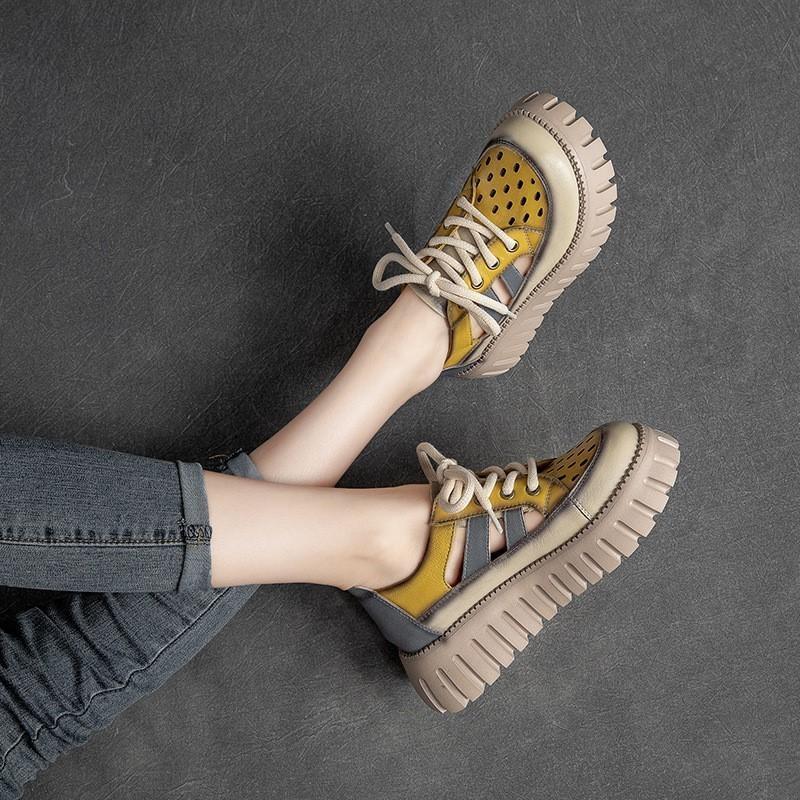 Thick Sole Mixed Colors Genuine Leather Retro Sandals Roman Style Lace-up Women's Flat Platform Shoes