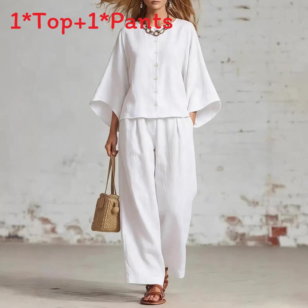 Womens Summer Linen Cotton Blended Top Wide Leg Pants Suit With Spliced Pattern For Casual Office Wear