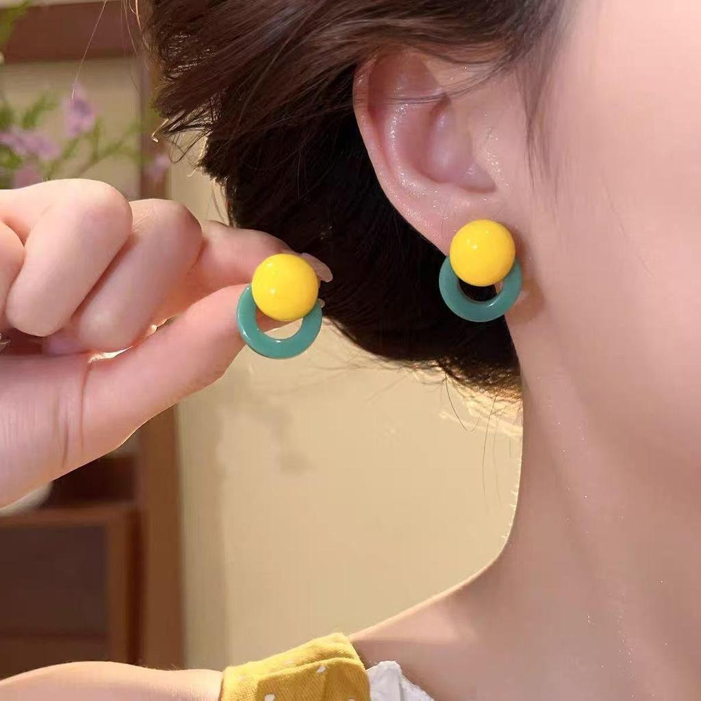 Korean Style Geometric Resin Color Block Stud Earrings - Women's Light Luxury Round Hoops Jewelry