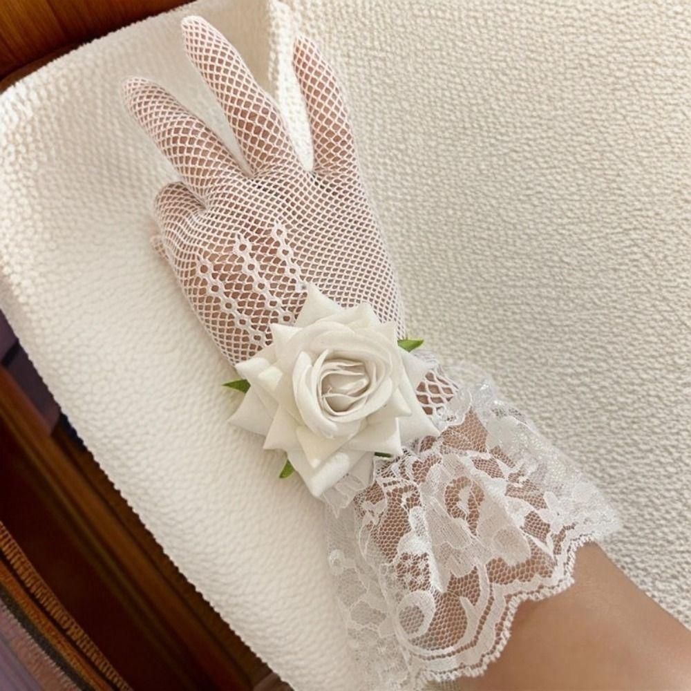 Rose Flower Fishnet Gloves Thin Mesh Mittens Unique Lace Gloves  Party