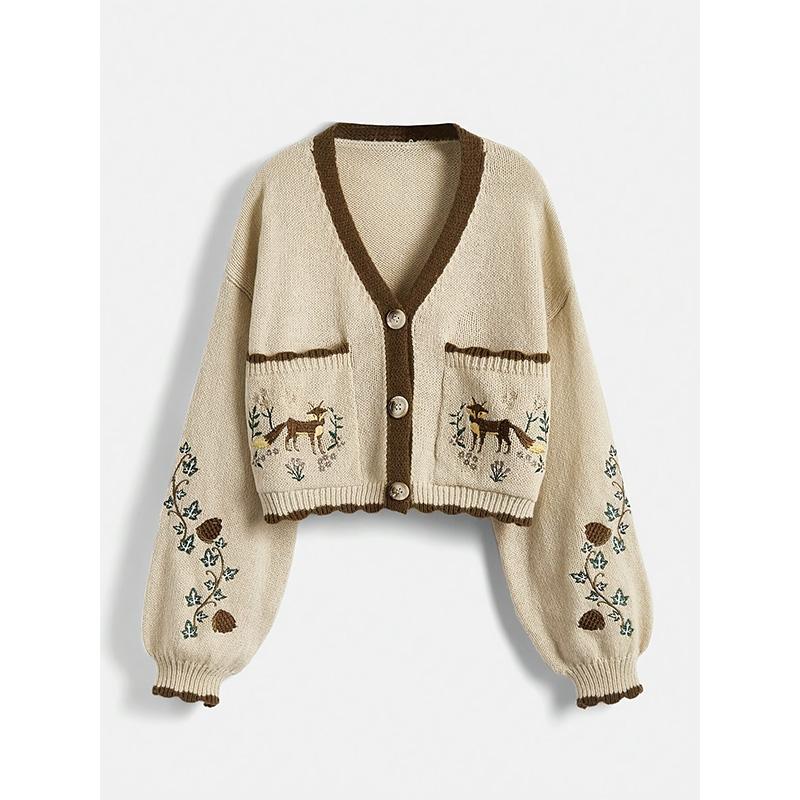 2025 Women's Cardigan Floral Embroidery Cottage Core Boho Cardigan Vintage Western Crop Sweaters Autumn Outerwear
