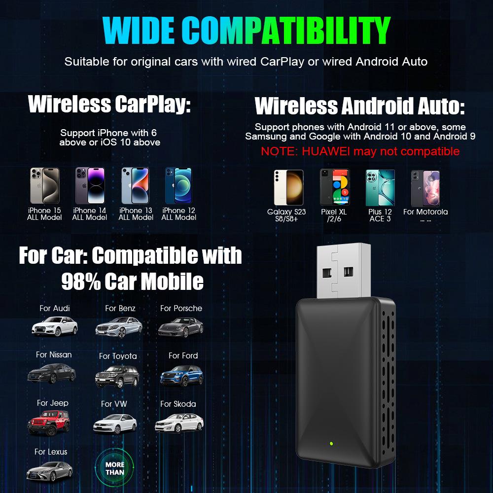 2 In 1 Wired To Wireless Carplay Adapter for IOS Android Wi-Fi 6 Bluetooth 5.4 Auto Smart USB Dongle Plug and Play Carplay Wireless Adapter