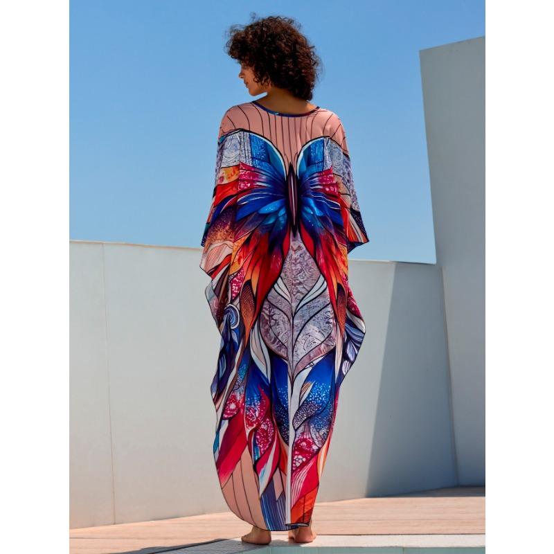 Women's Fashion Summer Spring Feather Print 3/4 Sleeves V-Neck Loose Waistline Casual Dresses