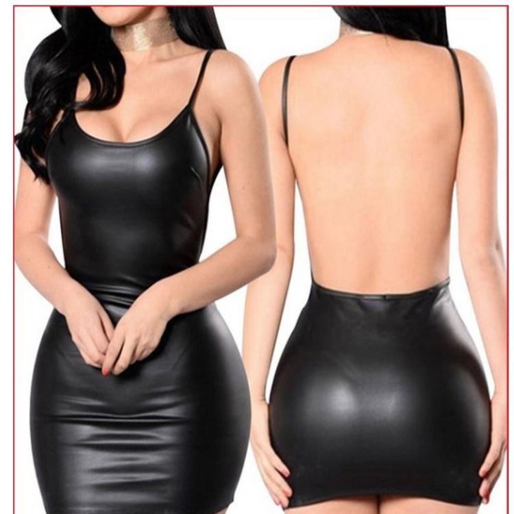 Summer High Shine Soft Leather Stretch Backless Bodycon Dress Women Spaghetti Strap Midi Dress Sexy Party Wear Fashion Dress