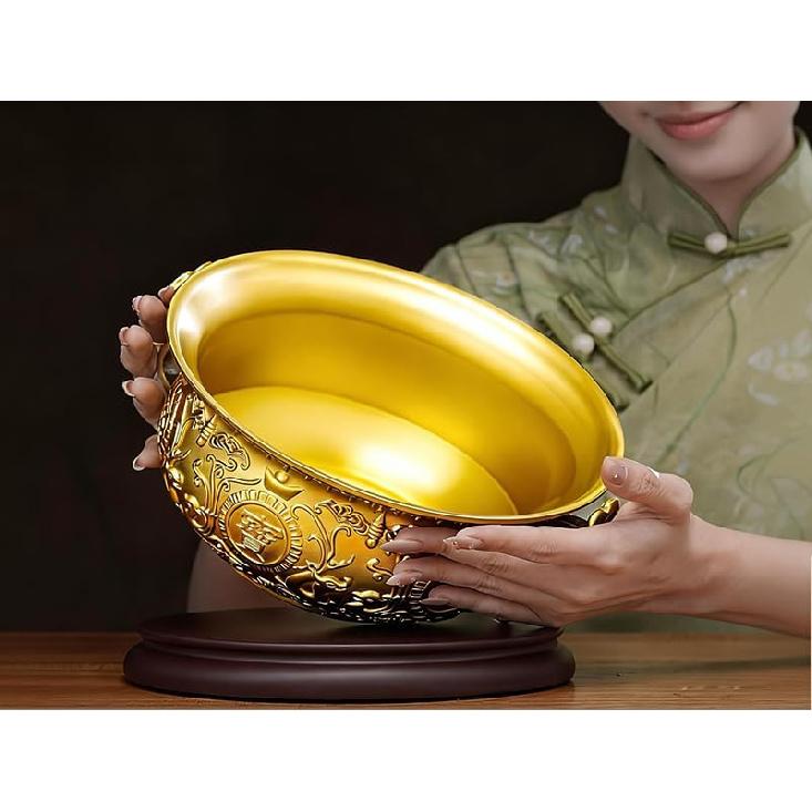 Aris & Juno Brass Treasure Bowl - Traditional Chinese Style, Perfect for Home or Office To Attract Wealth and Good Fortune (Length: 13 Cm)