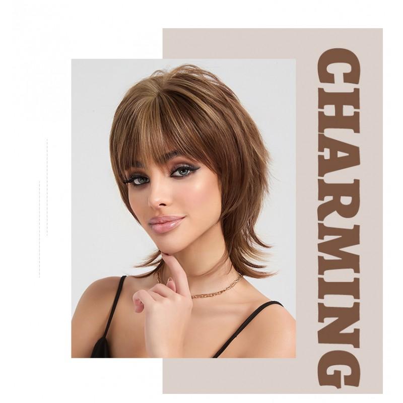 Brown Ombre Layered Pixie Cut Synthetic Wig With Air Bangs Women Heat Resistant Fiber Full Cap