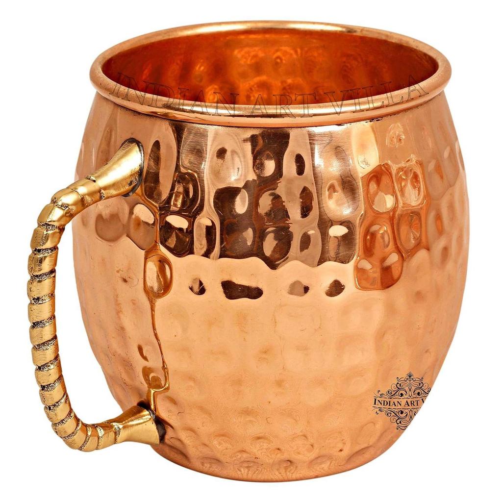 Pure Copper Round Shaped Bimbled Hammered Design Moscow Mule Beer Mug Cup, Best for Beer Cocktail Parties, Barware, Volume-600ML, Set of 4