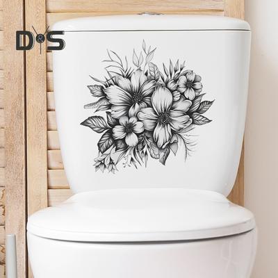 Naklejka na toaletę Black Whiter Flower, samoprzylepna, wodoodporna, z PVC, do salonu, dekoracja na deskę sedesową