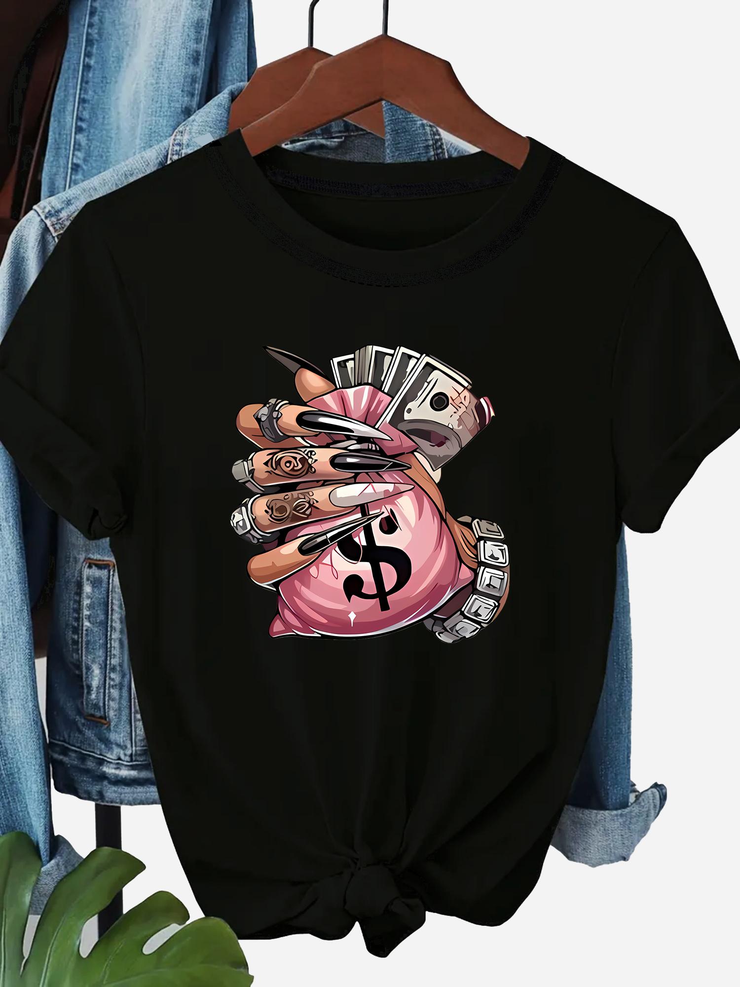 WomenS Hands Holding Money Graphic TShirt Casual Short Sleeve Tee with Pink Dollar Bills Design Blend Aesthetic Clothes S