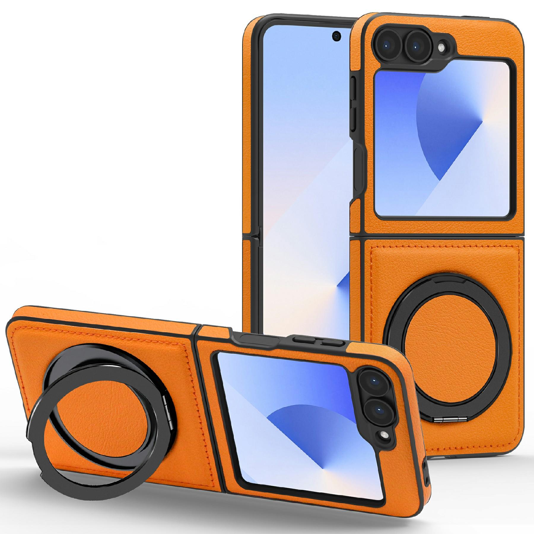 

Чехол для Samsung Galaxy Z Flip6 5G с кольцом-подставкой, совместимый с MagSafe, задняя крышка из ПУ кожи Orange