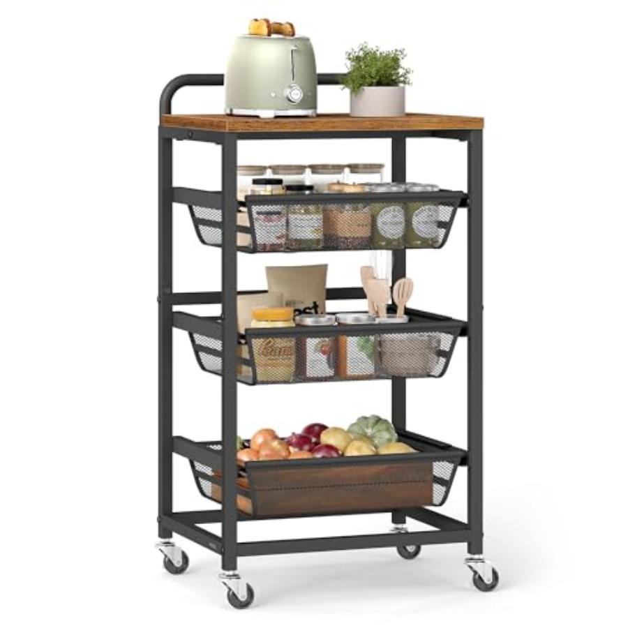 

Storage Cart with Pull-Out Baskets 4-Tier Kitchen Cart with Wheels Handle 12.5 x 15.8 x 29.9 Inches Rustic Brown and Ink Black United States