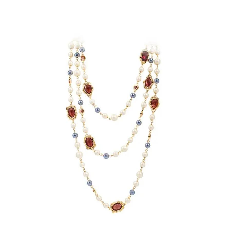 JMXD-Necklace Vintage Pearl Red Handmade Glass Ladies Long Necklace Sweater Chain Small Fragrant Style Jewelry