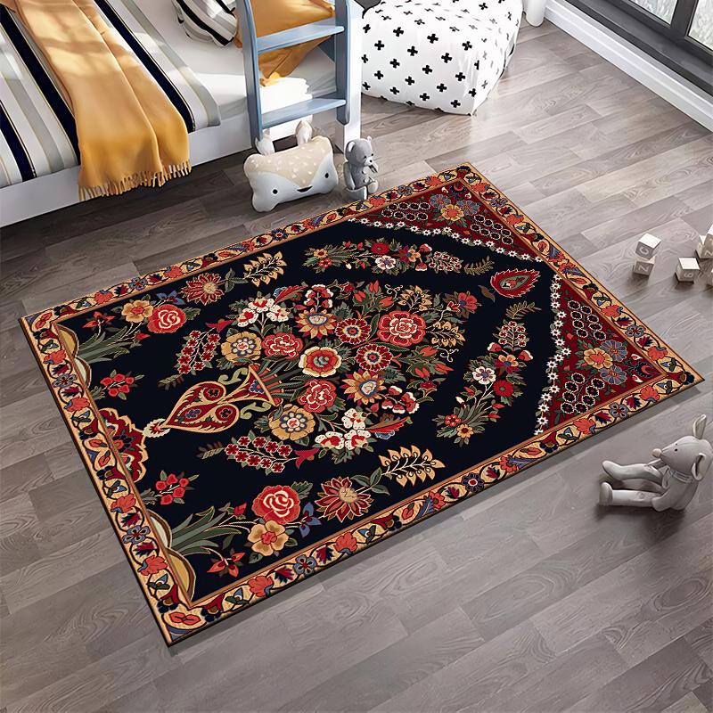 "Exquisite Floral Pattern Carpet, Black Background with Red Border" Suitable for Use As an Anti-slip for Living Room Bedroom Sofas