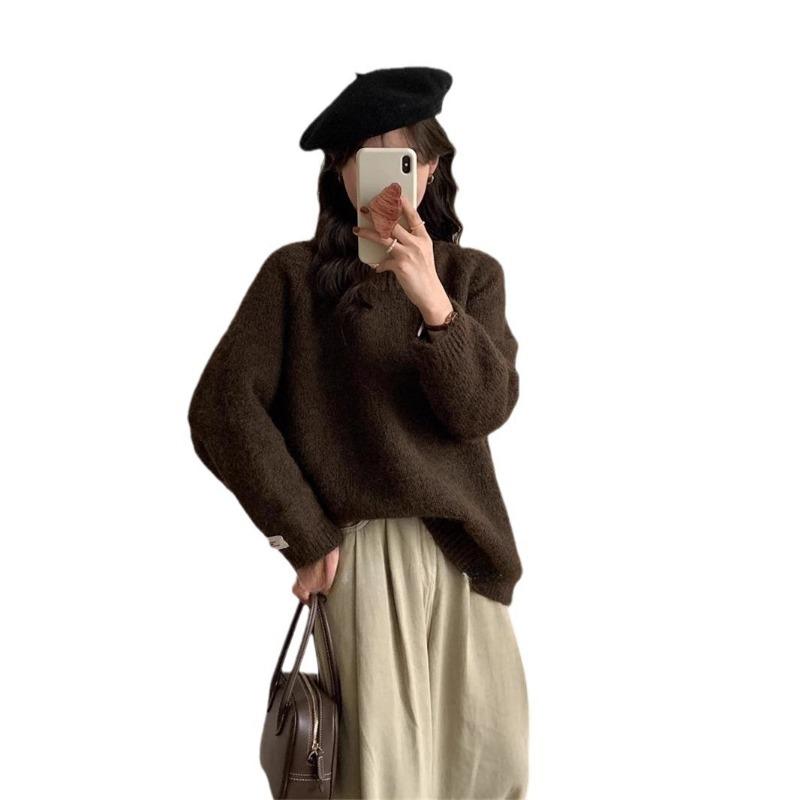Lazy wind crew neck pullover sweater women's loose large size autumn and winter new thickened high-end knitted bottoming shirt top
