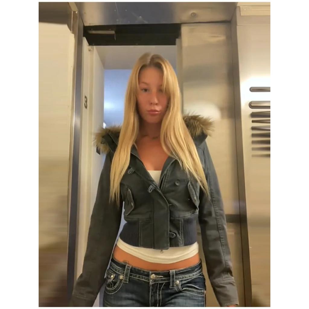 Autumn Winter Vintage Brown Short Hooded Jacket Women's Full Sleeve Slim Detachable Fur Collar Warm Female Y2k Outwears