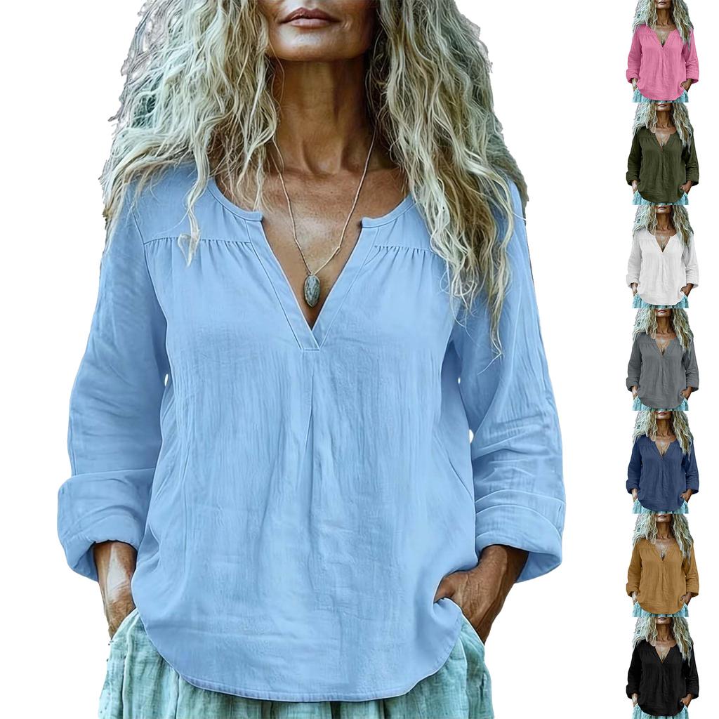 Women's Fashion Loose-Fit Long-Sleeve V-Neck Pullover Shirt Cotton-Linen Blend Top