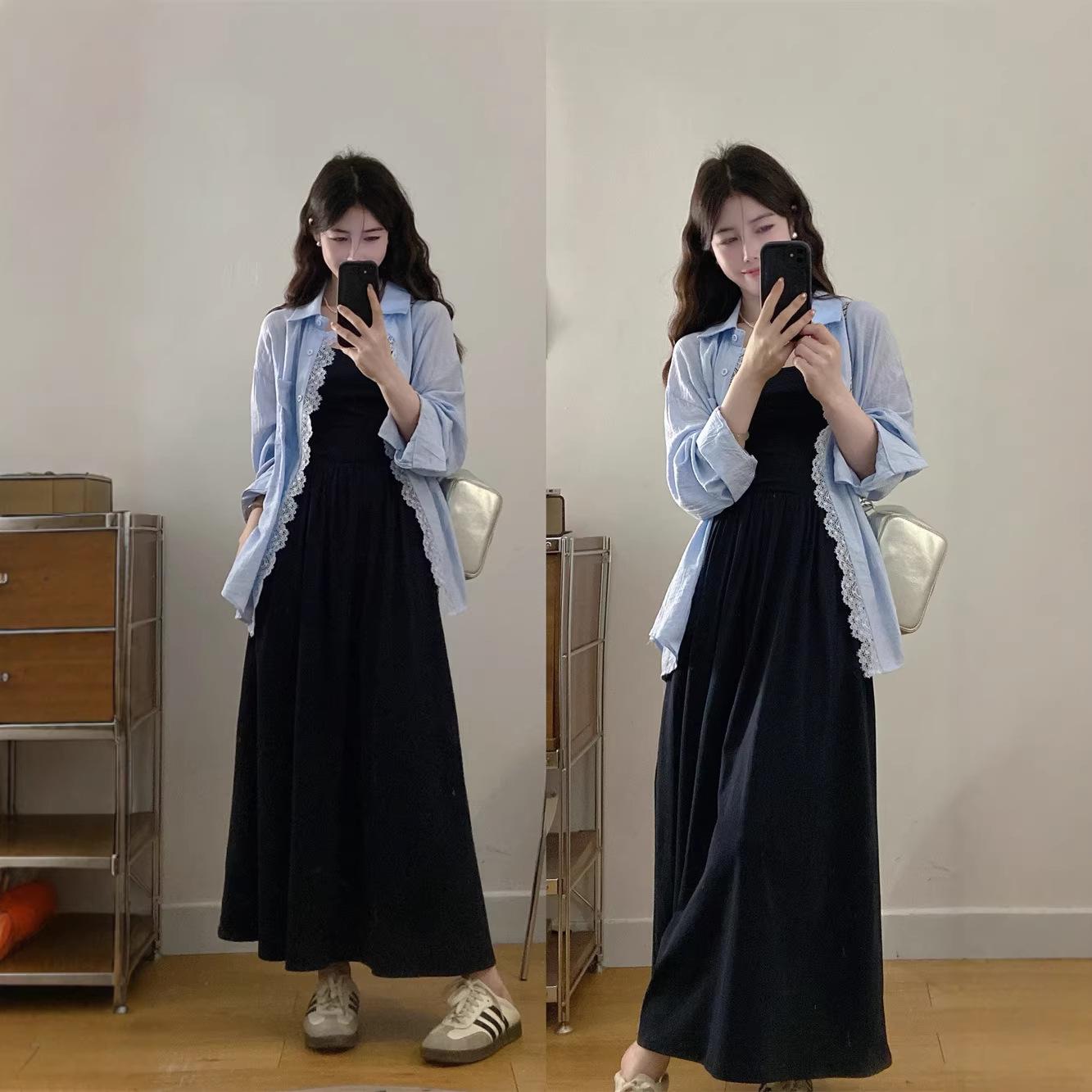 

Early Summer Plus Size Slimming Light Blue Two-Piece Skirt Set for Women L