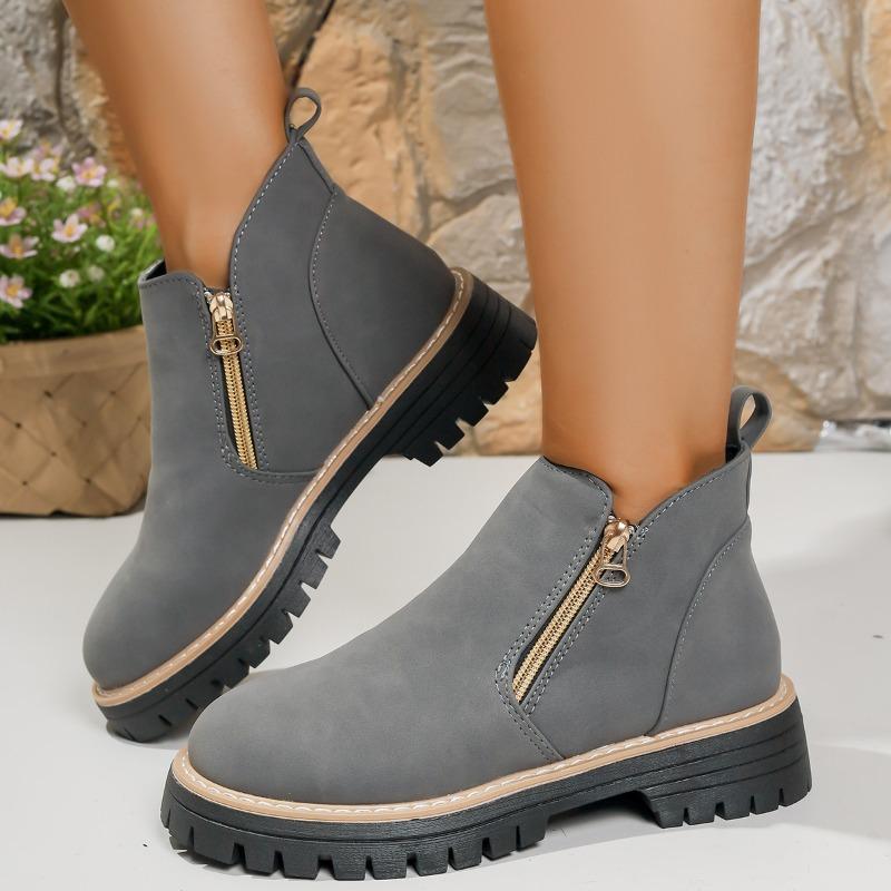 Women's Wide Width Round Toe Ankle Boots, Side Zipper Chunky Heel Martin Boots, Autumn Winter Short Boots for Women