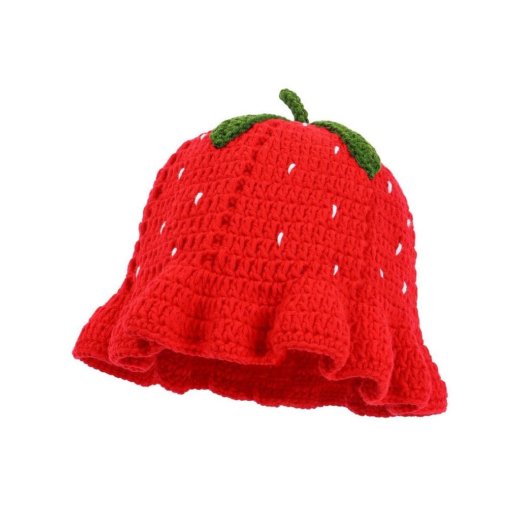Hand crocheted knitted hat women's autumn and winter sweet and cute strawberry bucket hat ruffle edge pullover wool hat
