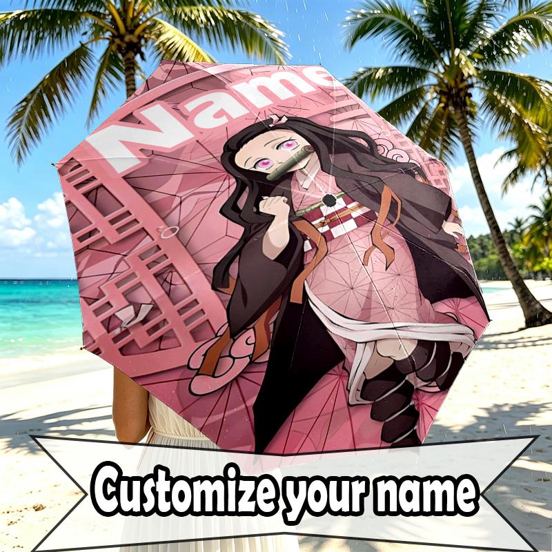 Custom Name Personalized Demon Slayer Print Umbrella, Auto Open Close, 8‑Rib Sturdy Frame, Commute Camping Hiking Use, Birthday Gift