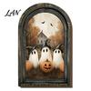 Vertical Wooden Sign Pendant Halloween Vintage Arch Sign, Gothic Spooky Ghost Wall Hanging Decor Dark Floral Print with Bracket, Rustic Aesthetic Home