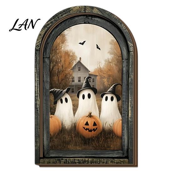 Vertical Wooden Sign Pendant Halloween Vintage Arch Sign, Gothic Spooky Ghost Wall Hanging Decor Dark Floral Print with Bracket, Rustic Aesthetic Home