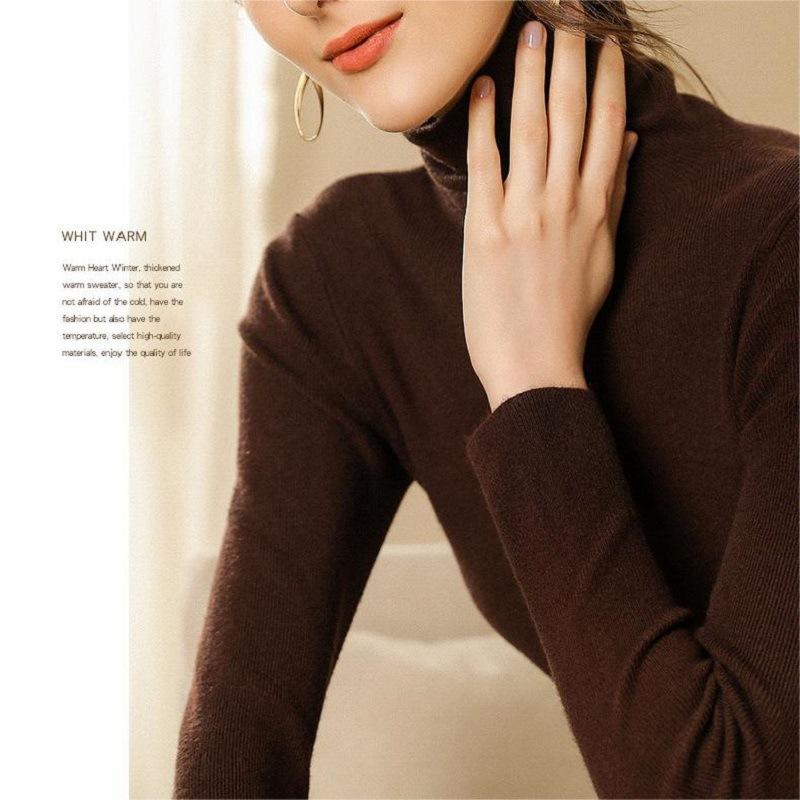 Soft waxy pile-neck knitted bottoming shirt for women, slim spring and autumn style temperament versatile solid color turtleneck bottoming