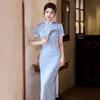 Light Blue Chinese-Inspired Long Cheongsam Dress Women Vintage Fit Short Sleeve Stand Collar Design