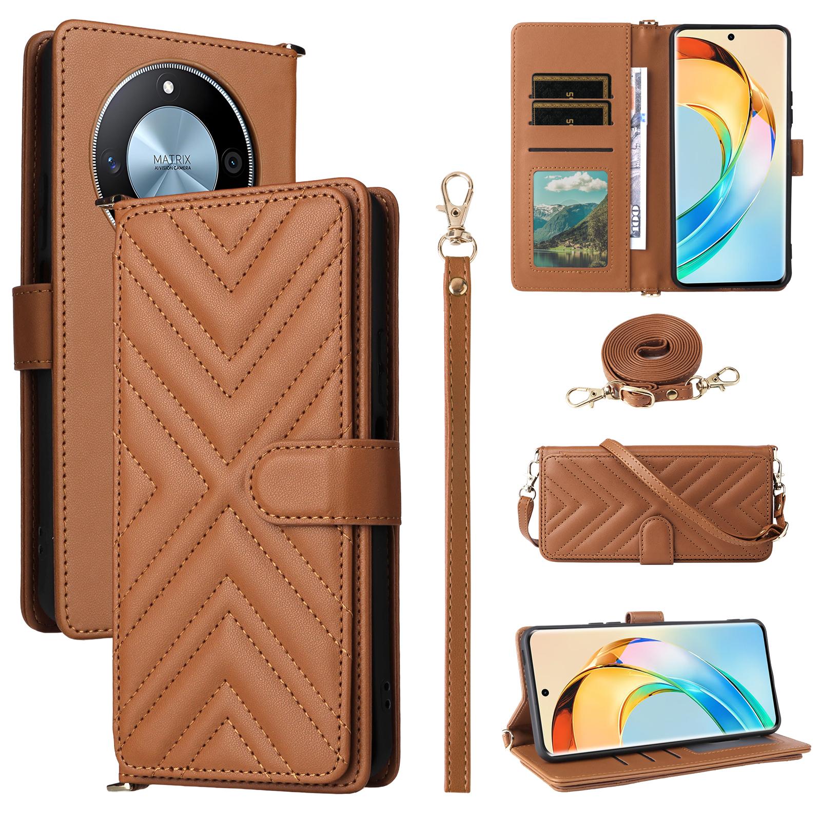 

Чехол-кошелек для Honor X9c Smart 5G/X60 5G с плечевым/наручным ремешком, кожаная обложка для телефона, подставка Brown