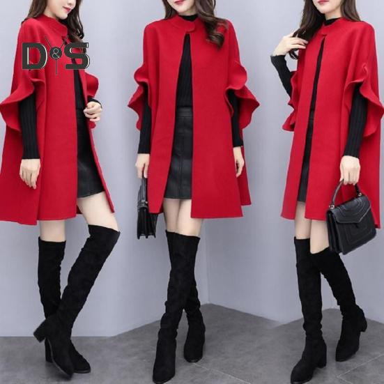 Abrigo de invierno para mujer, con mangas tipo pétalo, cuello alto, corte en A, capa de punto abierto, cárdigan de largo medio, abrigo de lana para exteriores, poncho