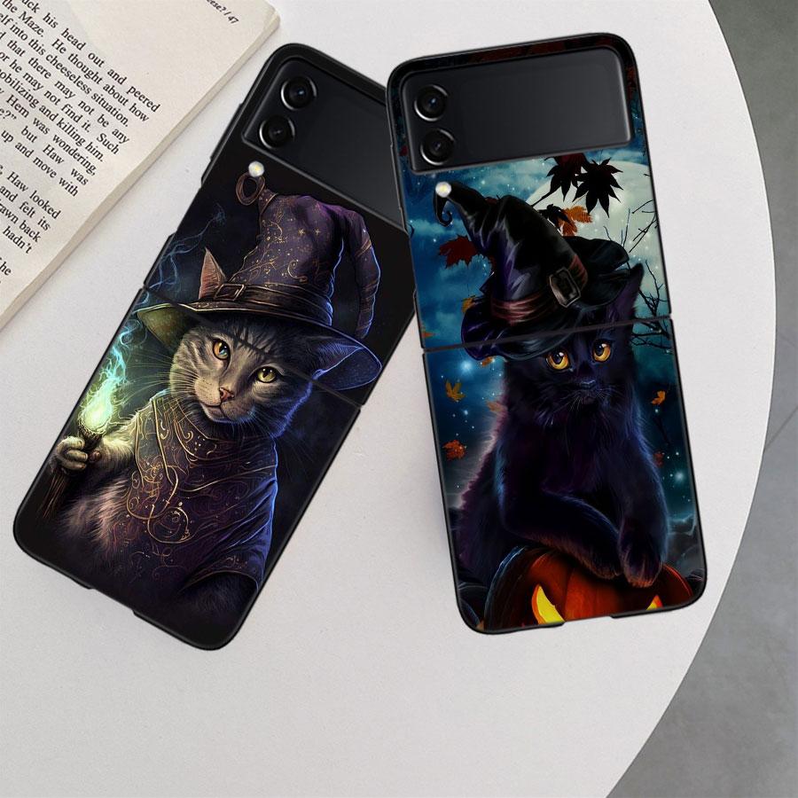 Halloween Magic Cat Phone Case For Samsung Z Flip 7 6 5G Galaxy Z Flip 5 4 3 Black Hard Cell Cover Luxury PC Shell Coque