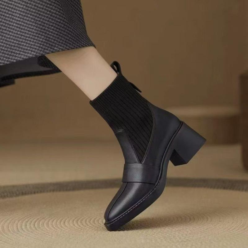 New Knitted Tube Thick Heel Short Boots Women's Autumn and Winter High Heel Thin Boots Brown Martin Boots Elastic Socks Boots