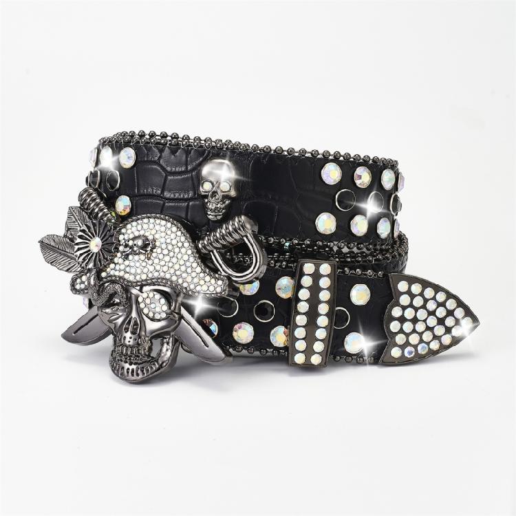 Popular Rhinestones Studded Skull Buckle Belt for Adult Sequined Belt All Matching Western Belt Glittering Belt for Daily