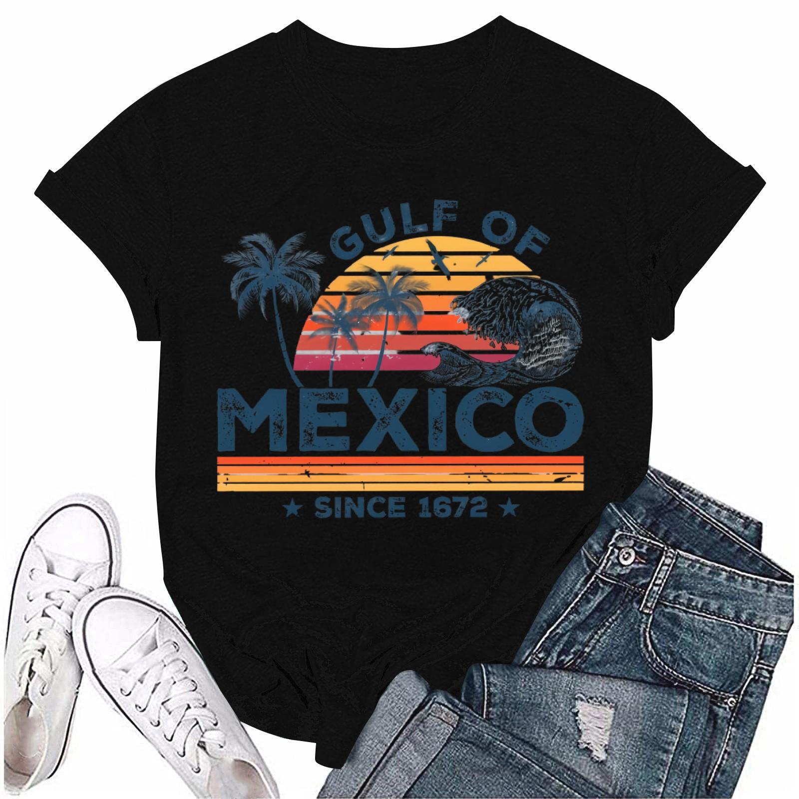 

Женская повседневная свободная пляжная футболка с принтом, круглый вырез, пуловер, короткий рукав, топ L чёрный