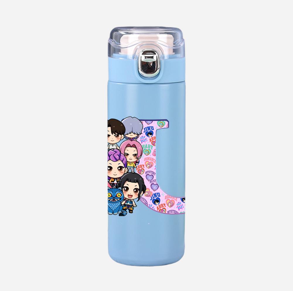 Anime K-Pop 26 English Letter Demon Hunters Printed 400Ml Water Bottle Thermos Cup Portable Stainless Steel Leak Proof Camping Water Cup Kid Gift