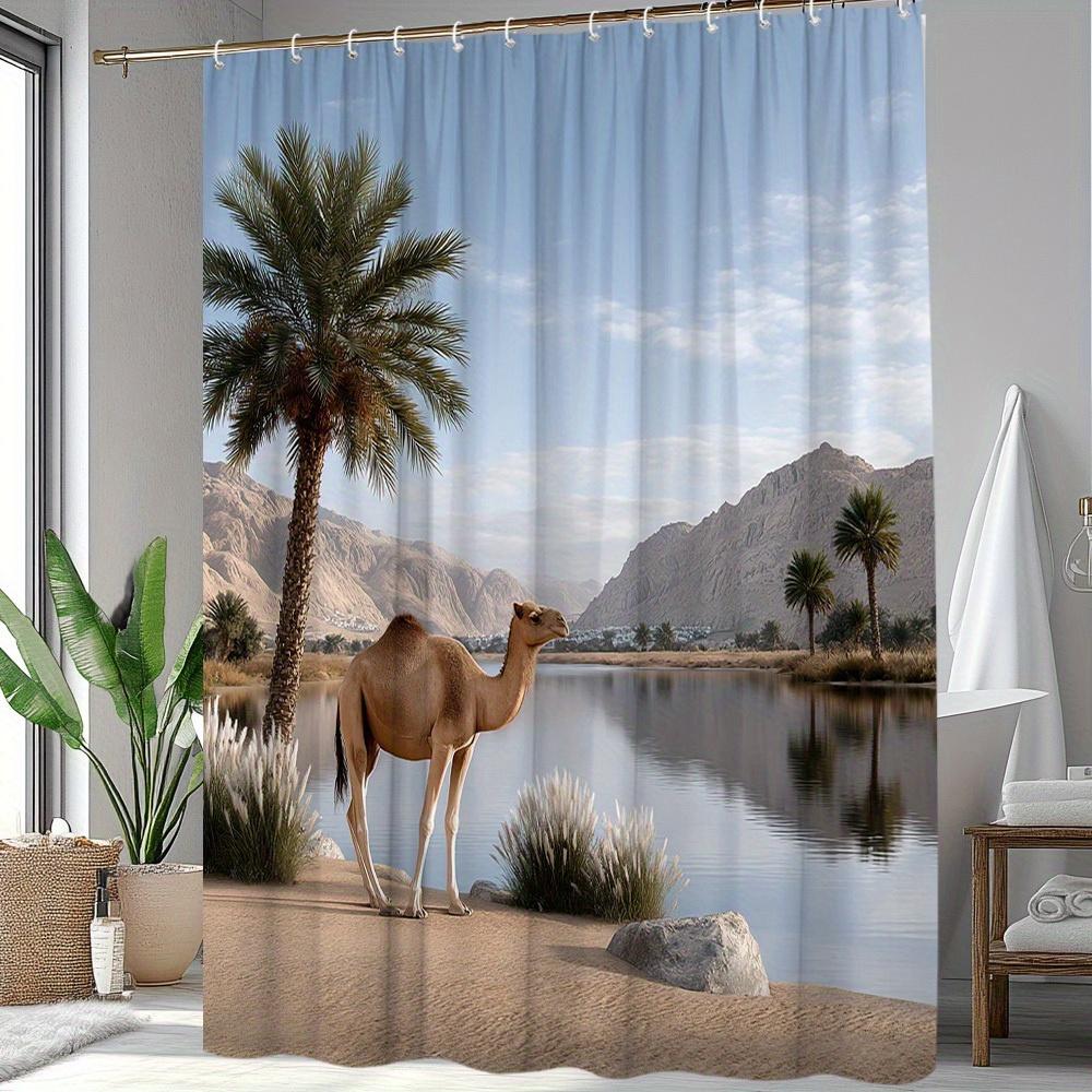 1 Stück Duschvorhang Wüstenlandschaft Kamel - 70,8 x 70,8 Zoll, Strapazierfähiger Polyesterstoff mit 12 Haken, Waschbar & Chemisch Reinigbar