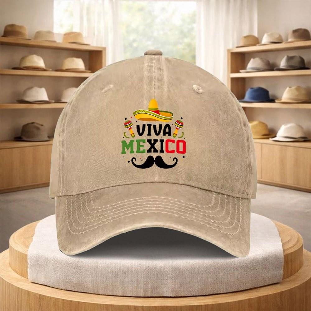 Viva Mexico Sombrero Print Washed Denim Baseball Cap Adjustable Casual Street Style Hat for Unisex