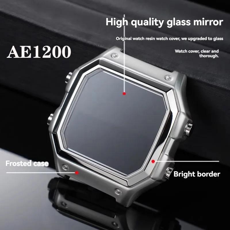 Casio 3299 AE-1200WH AE1300 İçin AE-1200 Tam Metal Kasa Kayış Mod Kiti Paslanmaz Çelik Saat Kayışı Cam Filmi Vida Çerçeve Bileklik