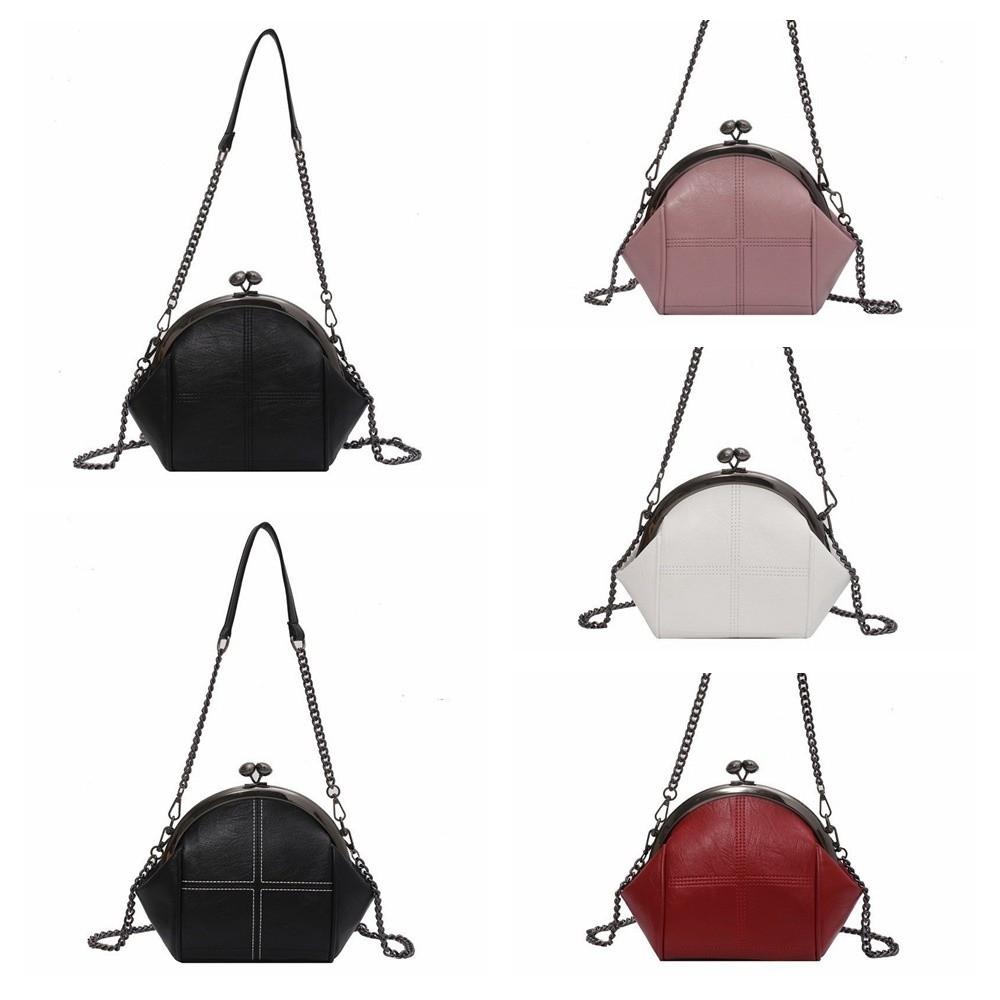 Solid Color Kiss Lock Handbag Chain Strap Large Capacity PU Leather Crossbody Bag Short Handle Clip Closure Clutch Shoulder Bag
