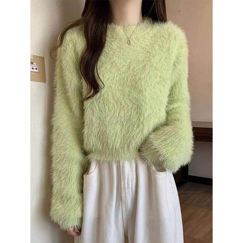 Autumn Winter Dopamine Sweet Soft Glutinous Short Sweater Loose Slimming Imitation Mink Fur Knitted Top for Women T-Shirts Women’s